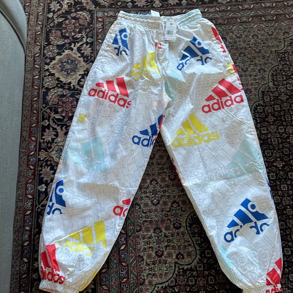 adidas White Track Pants with Multicolor Logos
